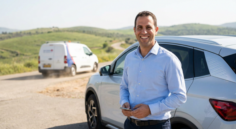 נהג רגוע ליד רכבו לאחר שקיבל שירות הממחיש את אסטרטגיית השיווק של BYD ופתרונות לכל הארץ.