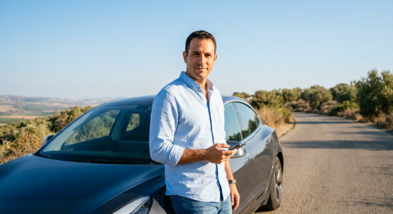 נהג רכב חשמלי לצד רכבו לאחר שקיבל סיוע, המדגים את החשיבות של אסטרטגיית הרכב החשמלי של פולקסווגן ושירותי דרך כל הארץ.