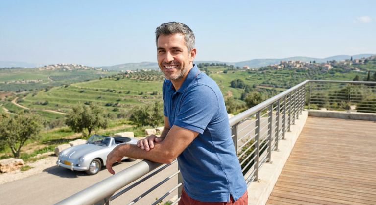 נהג מחייך ליד מאזדה מיאטה דור ראשון (NA) לאחר שקיבל שירותי דרך בכל הארץ