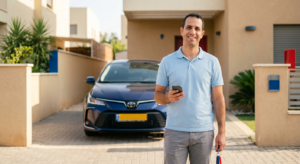 נהג מרוצה ליד רכבו לאחר שהבין שהתחרות בין יצרני רכב אירופאים לסינים פחות חשובה משירותי דרך אמינים בכל הארץ.