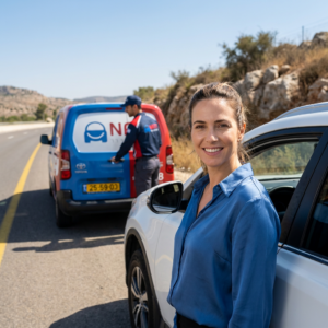 נהגת מחייכת לאחר הפעלת שירותי דרך WeSure עם נתי שירותי דרך בכל הארץ.