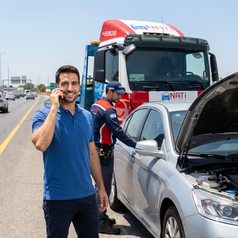נהג רגוע בצד הדרך לאחר הפעלת שירותי דרך שירביט עם נתי שירותי דרך בכל הארץ.