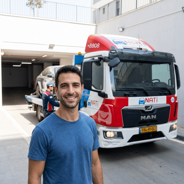 נהג רגוע ליד רכבו לאחר חילוץ רכב מחניון תת קרקעי על ידי נתי שירותי דרך בכל הארץ.