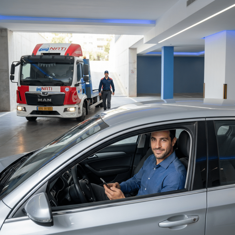 נהג רגוע ברכבו לאחר חילוץ רכב מחניון תת קרקעי בטוח ומהיר בכל הארץ על ידי נתי שירותי דרך.