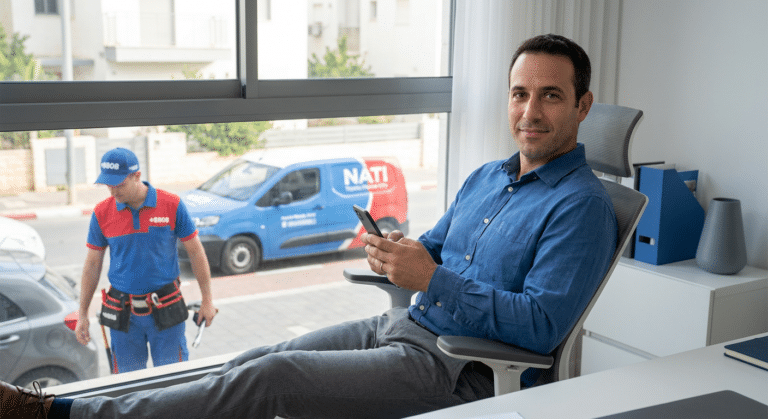 איש מקצוע רגוע במשרדו לאחר תהליך קבלת רכב חליפי מביטוח ישיר בעזרת נתי שירותי דרך בכל הארץ
