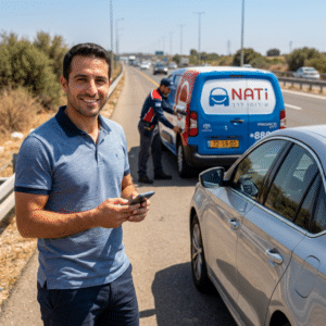 נהג רגוע ליד רכבו לאחר שהזמין החלפת פנסים דרך ביטוח איילון עם נתי שירותי דרך בכל הארץ.