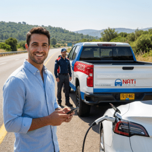 גבר מחייך לאחר קבלת שירות טעינת חירום לרכב חשמלי ביטוח ישיר בכל הארץ.