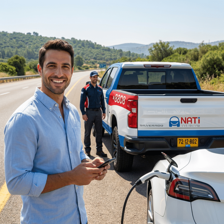 גבר מחייך לאחר קבלת שירות טעינת חירום לרכב חשמלי ביטוח ישיר בכל הארץ.