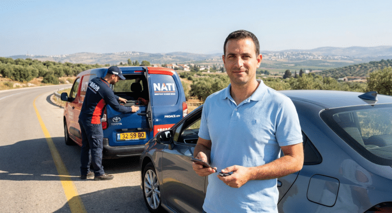 נהג רגוע ליד רכבו לאחר קבלת שירותי דרך ביטוח הראל נתי בכל הארץ.
