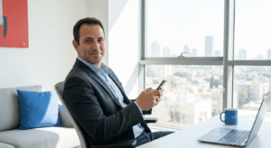 נהג רגוע במשרד לאחר קבלת רכב חליפי מביטוח מנורה בכל הארץ.